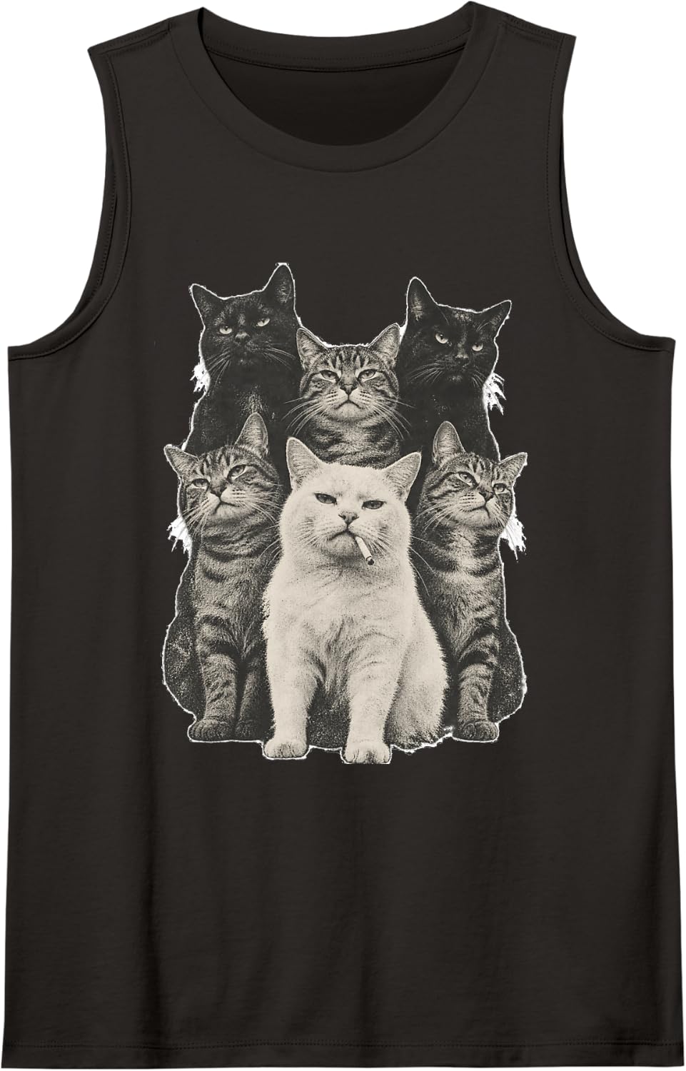 Smoking White Cat Faded Vintage Moody Cat Collage Grunge Sleeveless Tank Top - Black