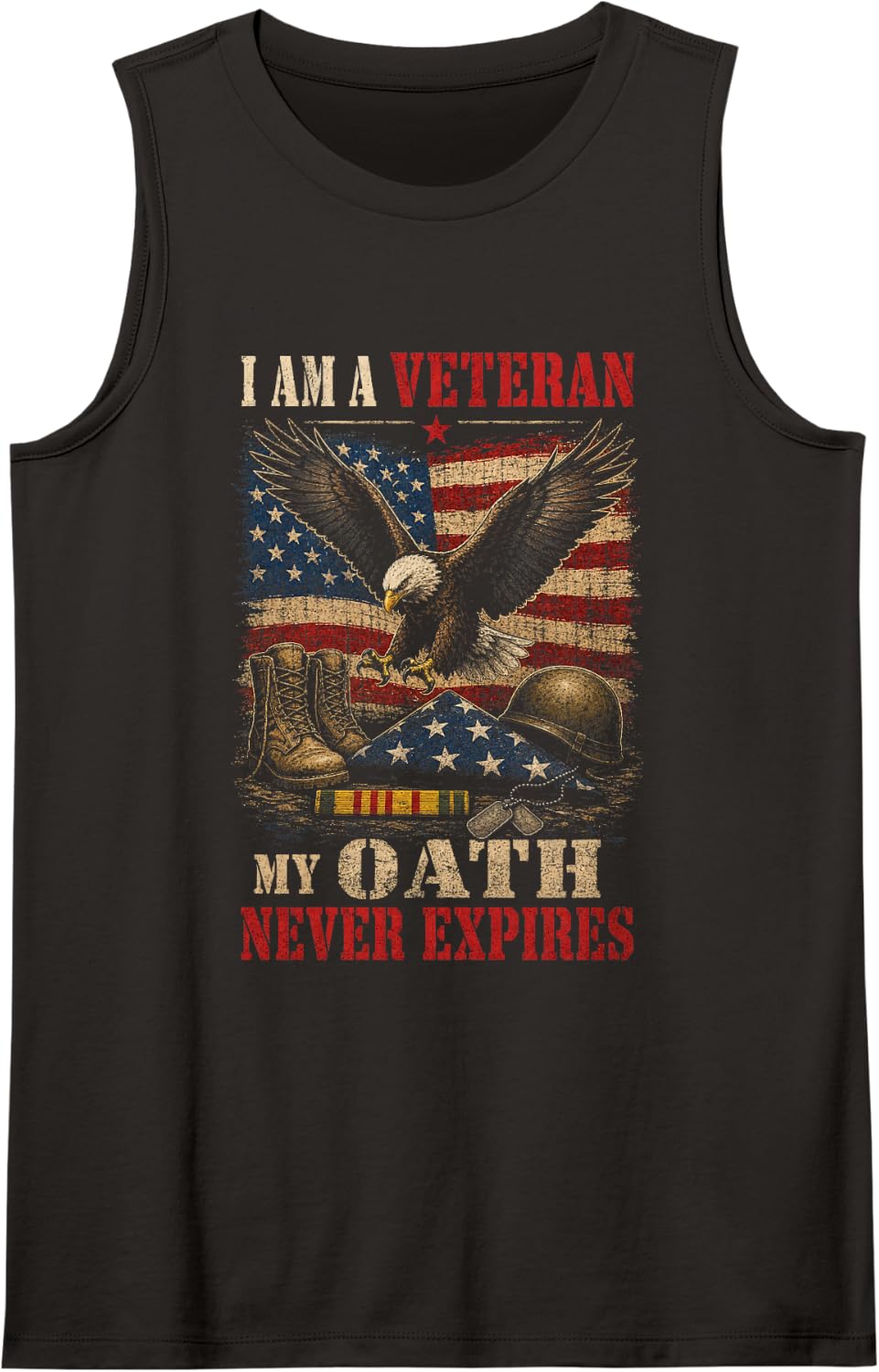 Proud Veteran My Oath Never Expires Bald Eagle Flag Sleeveless Tank Top - Black
