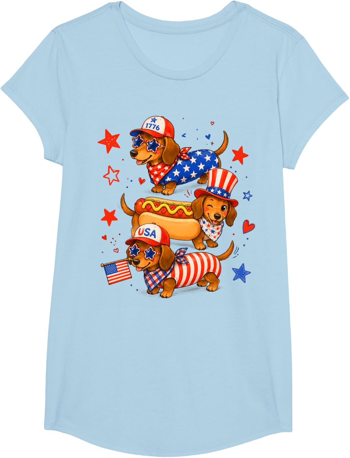 Cute Patriotic Dachshund USA Flag Red White Blue Dog Design T-Shirt - Girls Baby Blue