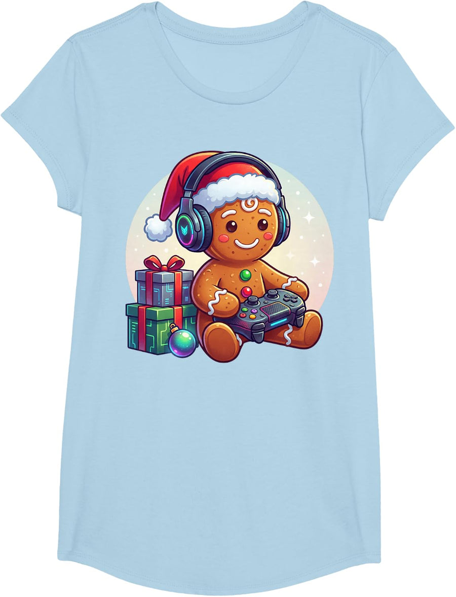 Funny Christmas Gamer Gingerbread Xmas Gaming Men Boys Kids T-Shirt - Girls Baby Blue
