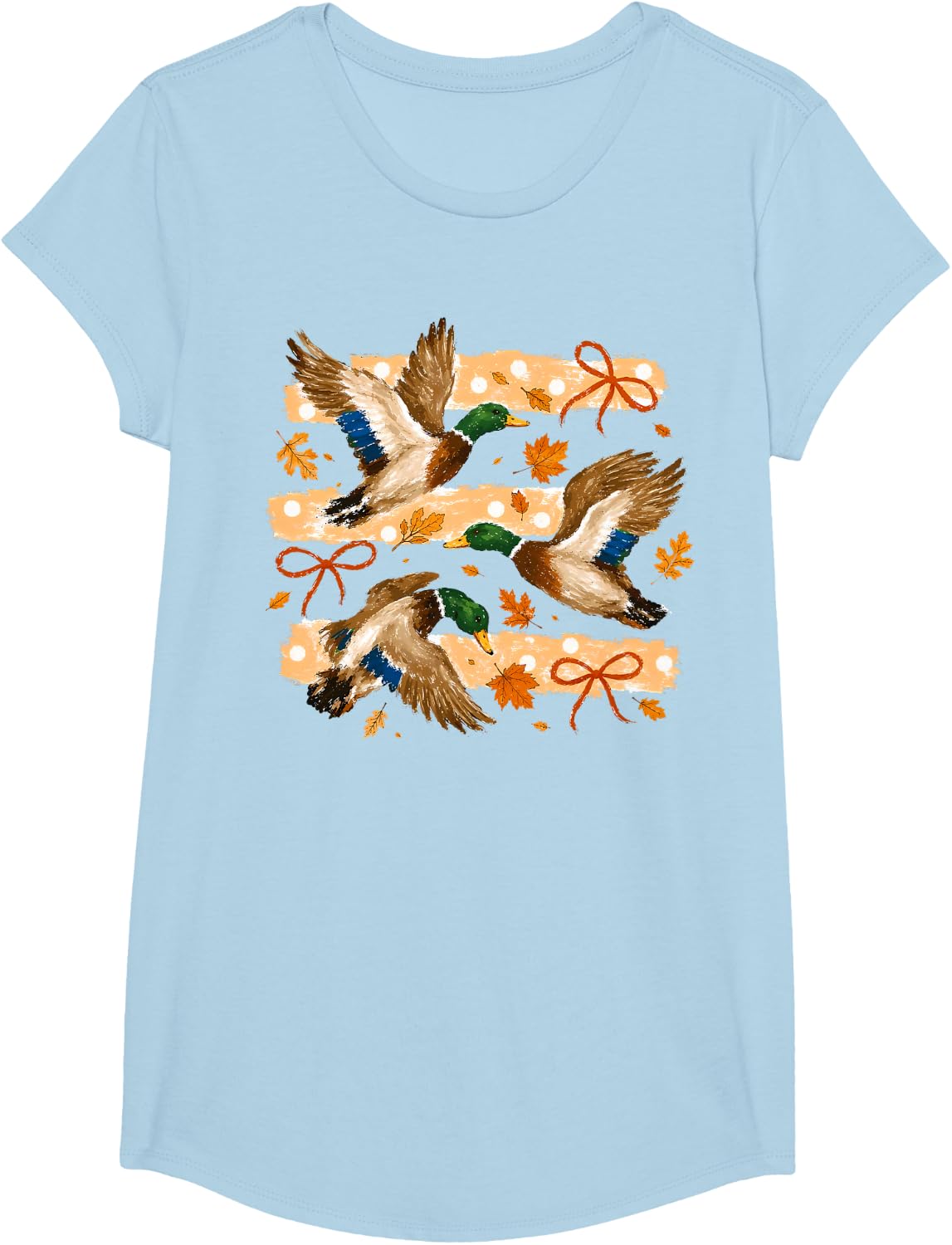 Fall Coquette Bow Striped Flying Mallard Duck Hunting Season T-Shirt - Girls Baby Blue