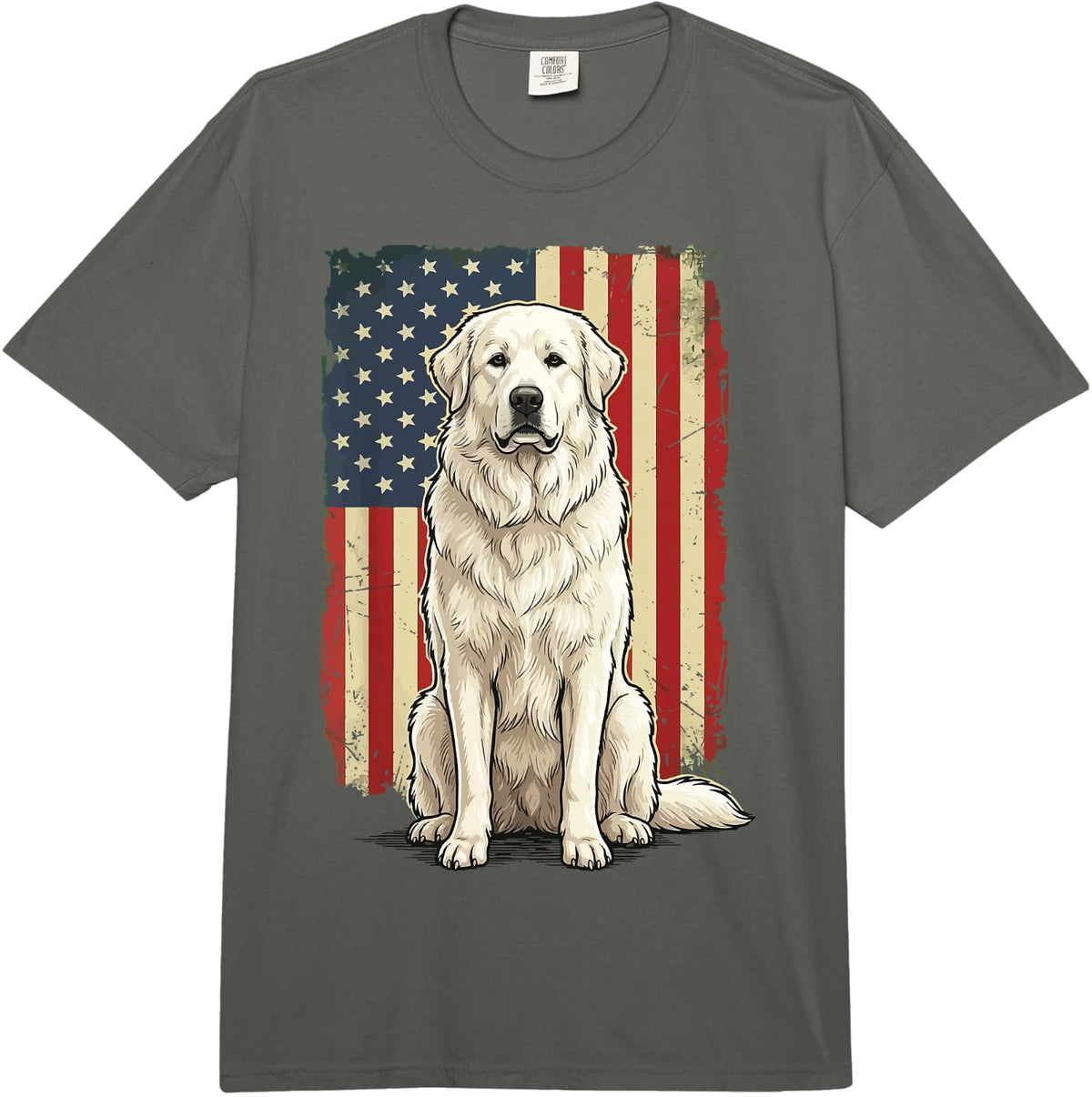 Great Pyrenees US Flag Comfort Colors Adult Heavyweight T-Shirt - Adult Unisex Dark Grey