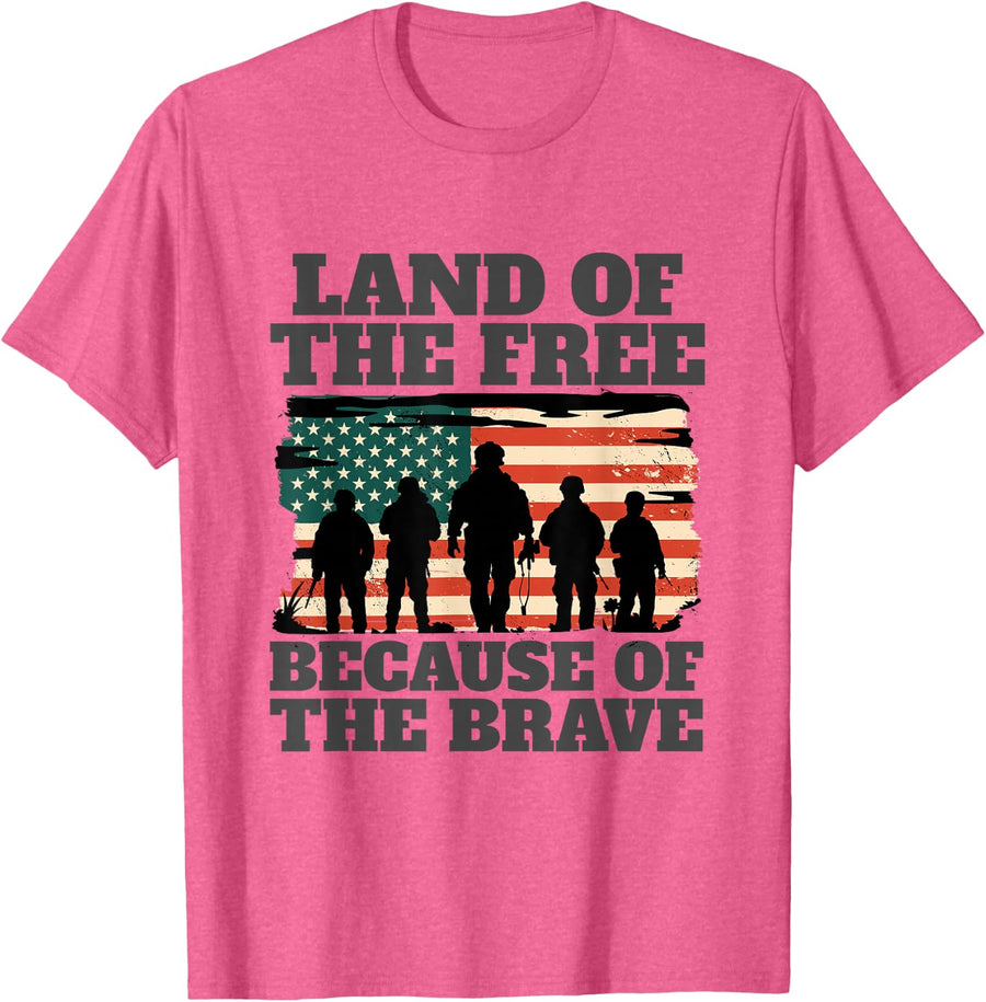 Land of the Free Because of the Brave Memorial Veterans Day T-Shirt - Pink Heather