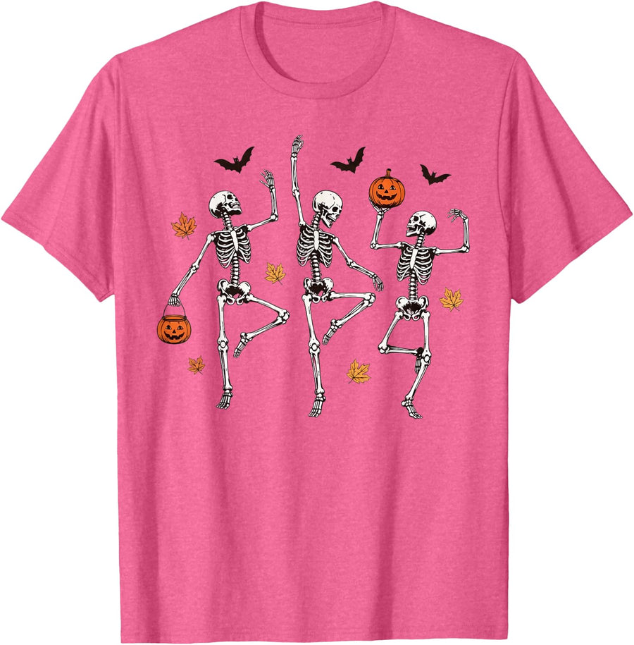 Funny Dancing Skeleton Halloween Pumpkin Vintage Retro T-Shirt - Pink Heather