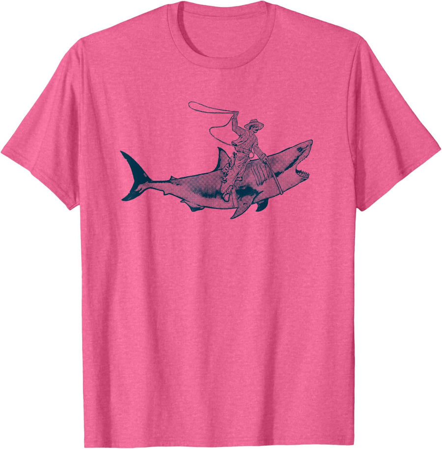 Shark Lover Rodeo Cowboy Riding Great White Vintage Funny T-Shirt - Pink Heather