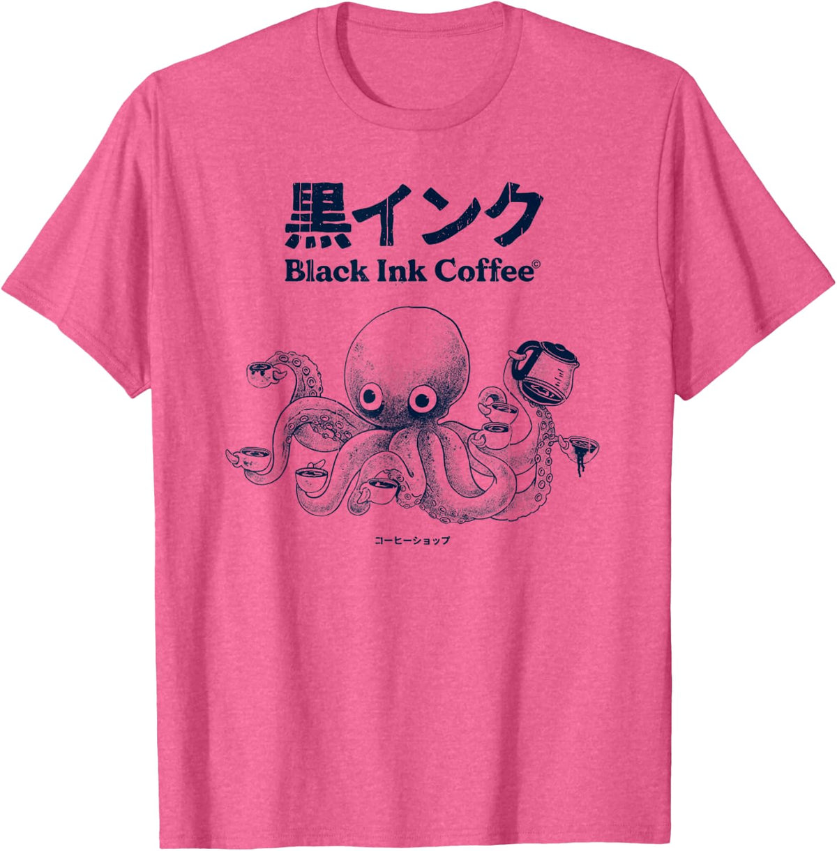 Vintage Black Ink Coffee Octopus Funny Design T-Shirt - Pink Heather