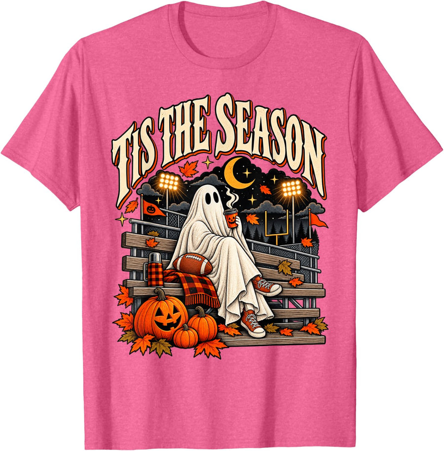 Halloween Football Ghost Fall Game Day Spooky Season Fan T-Shirt - Pink Heather