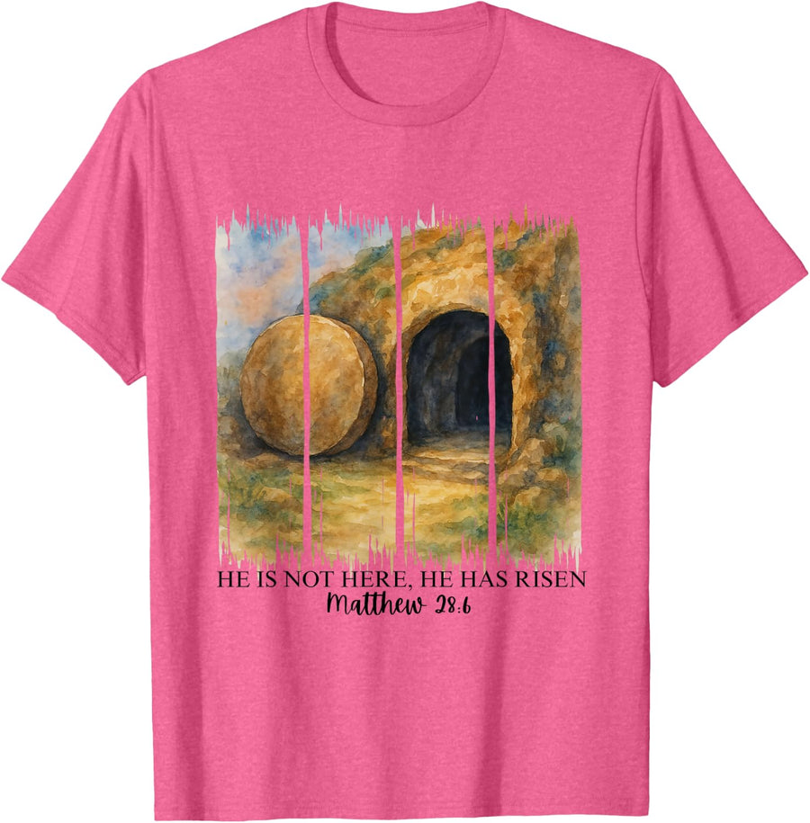He Is Not Here He Has Risen Matthew 28:6 Easter Christian T-Shirt - Pink Heather