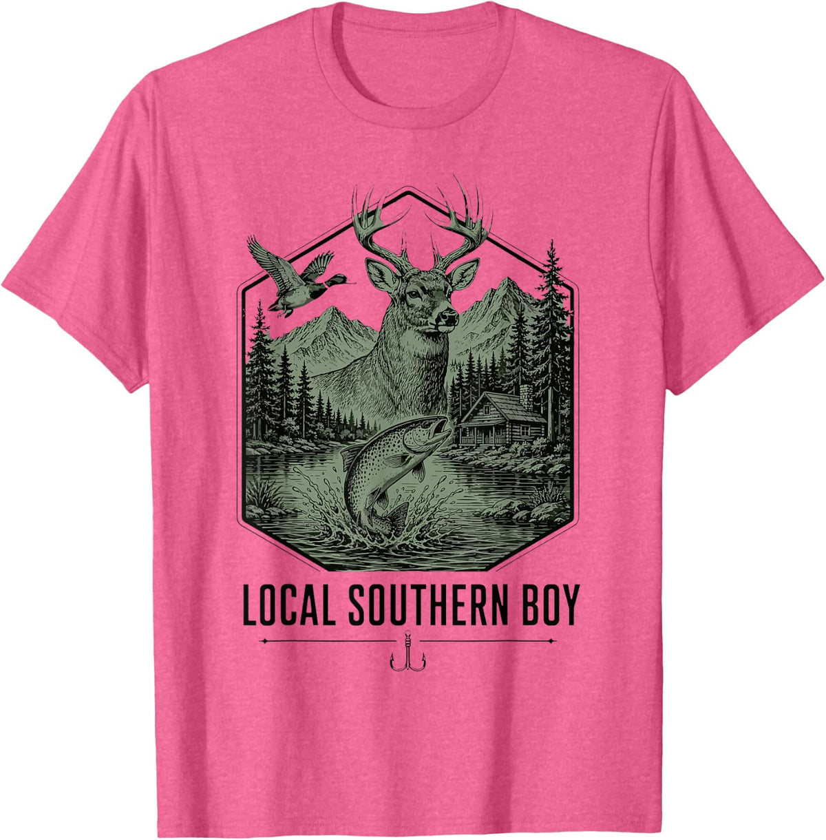 Local Southern Boy Hunting Fishing Deer Duck Trout T-Shirt - Pink Heather