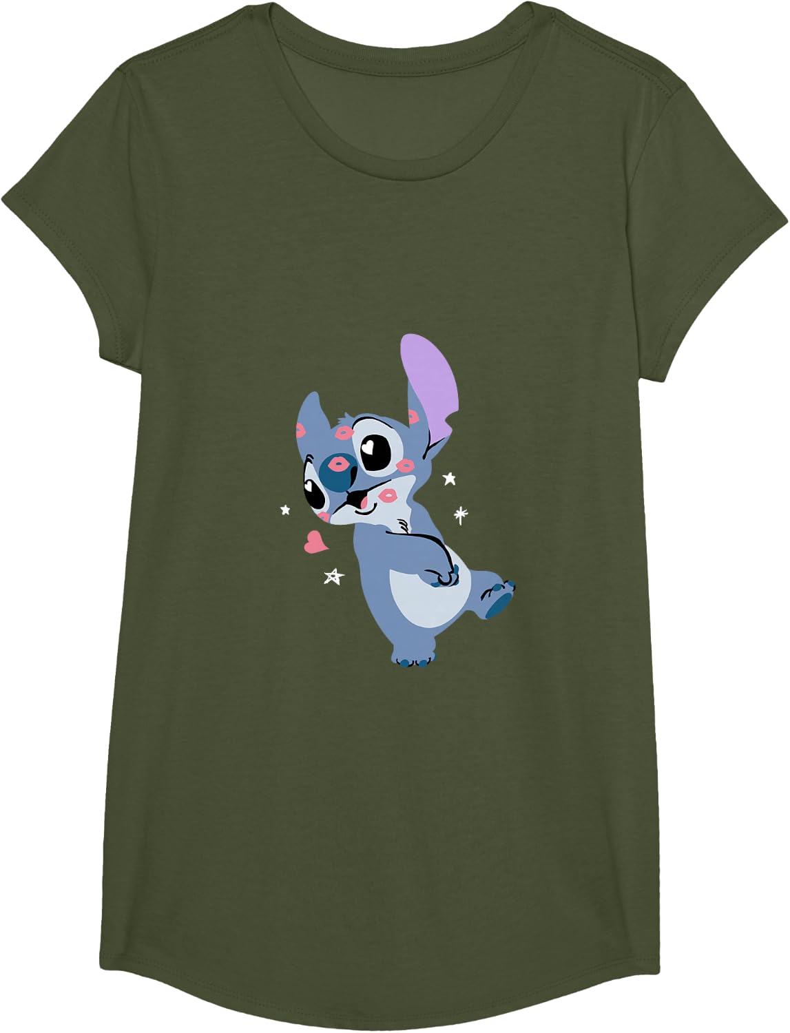 Disney Lilo & Stitch Covered in Valentine's Day Kisses T-Shirt - Girls Olive Green
