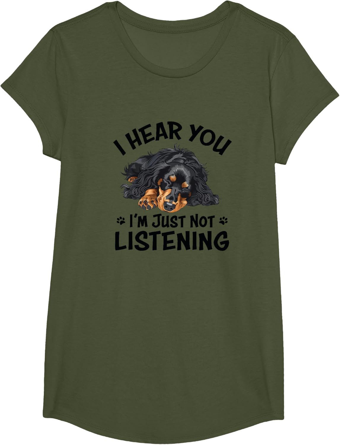 Hear You Not Listening Black Long Haired Dachshund Lover T-Shirt - Girls Olive Green