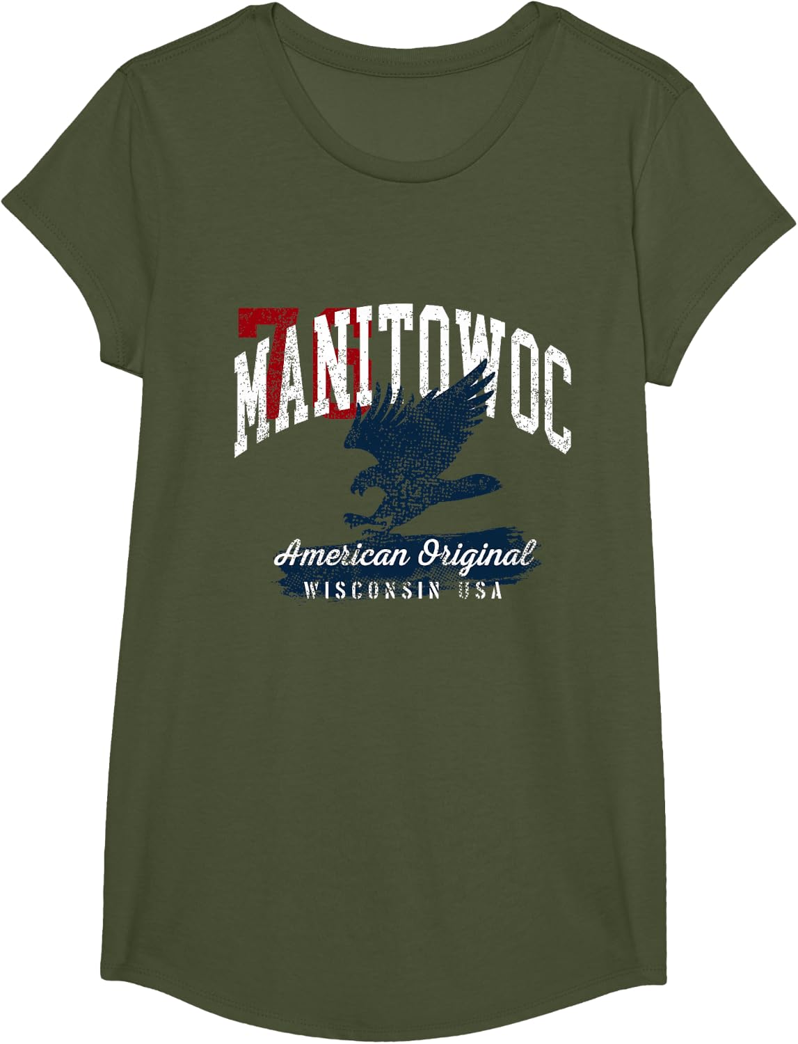 Manitowoc Wisconsin Vintage Patriotic Sports Design T-Shirt - Girls Olive Green