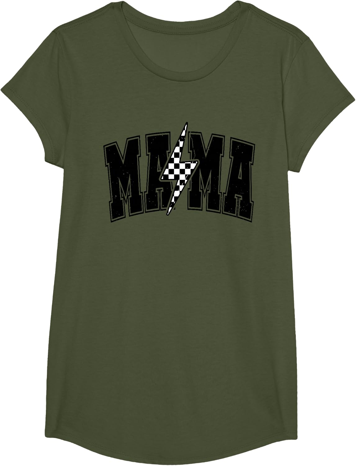 Funny Checkered Mama Black White Shirt Distressed Lightning T-Shirt - Girls Olive Green