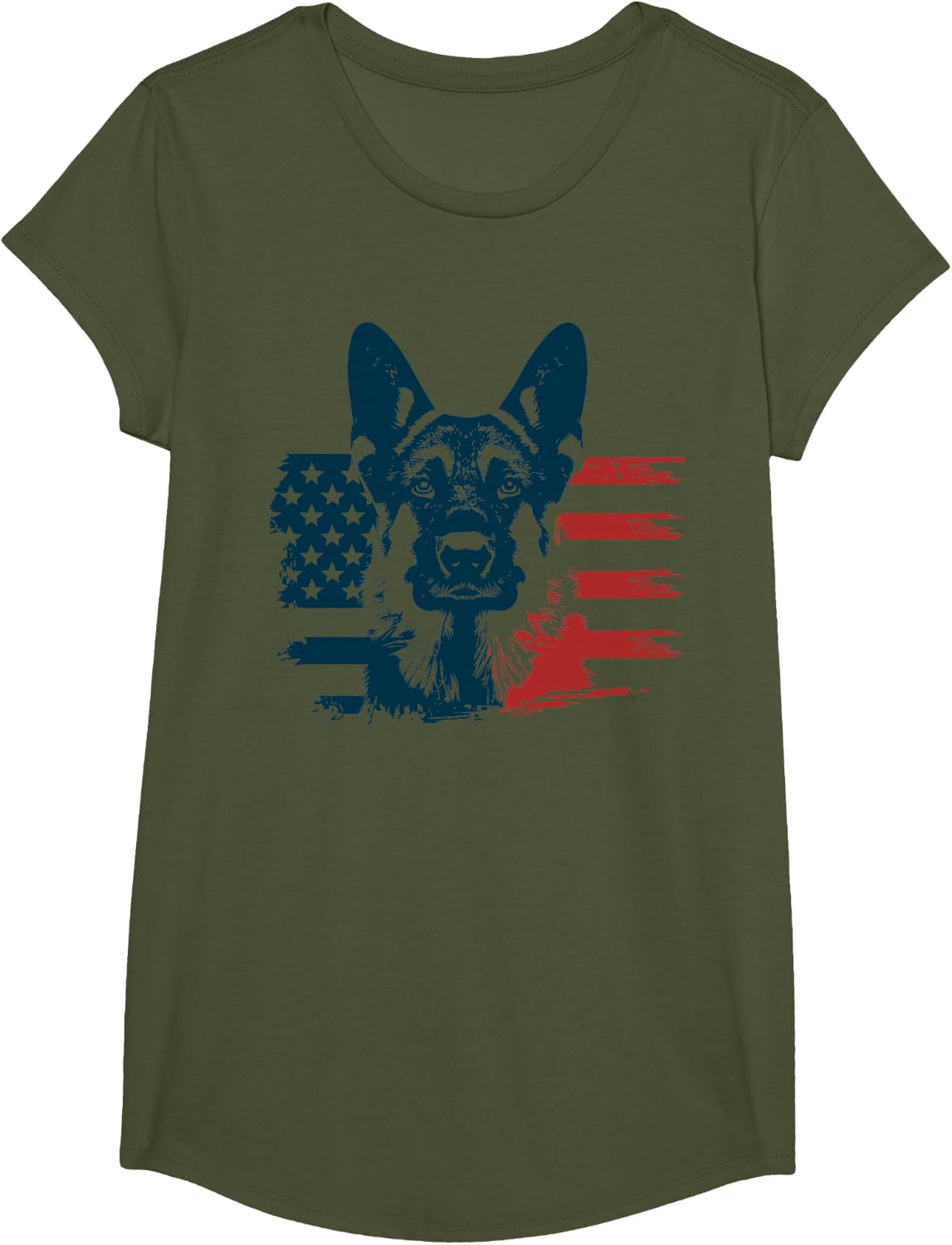 Patriotic German Shepherd American Flag 4th of July Shepherd T-Shirt - Girls Olive Green