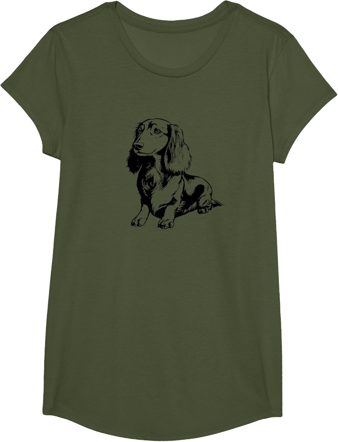 Mens Womens Retro Vintage Logo Long Haired Dachshund Lover T-Shirt - Girls Olive Green