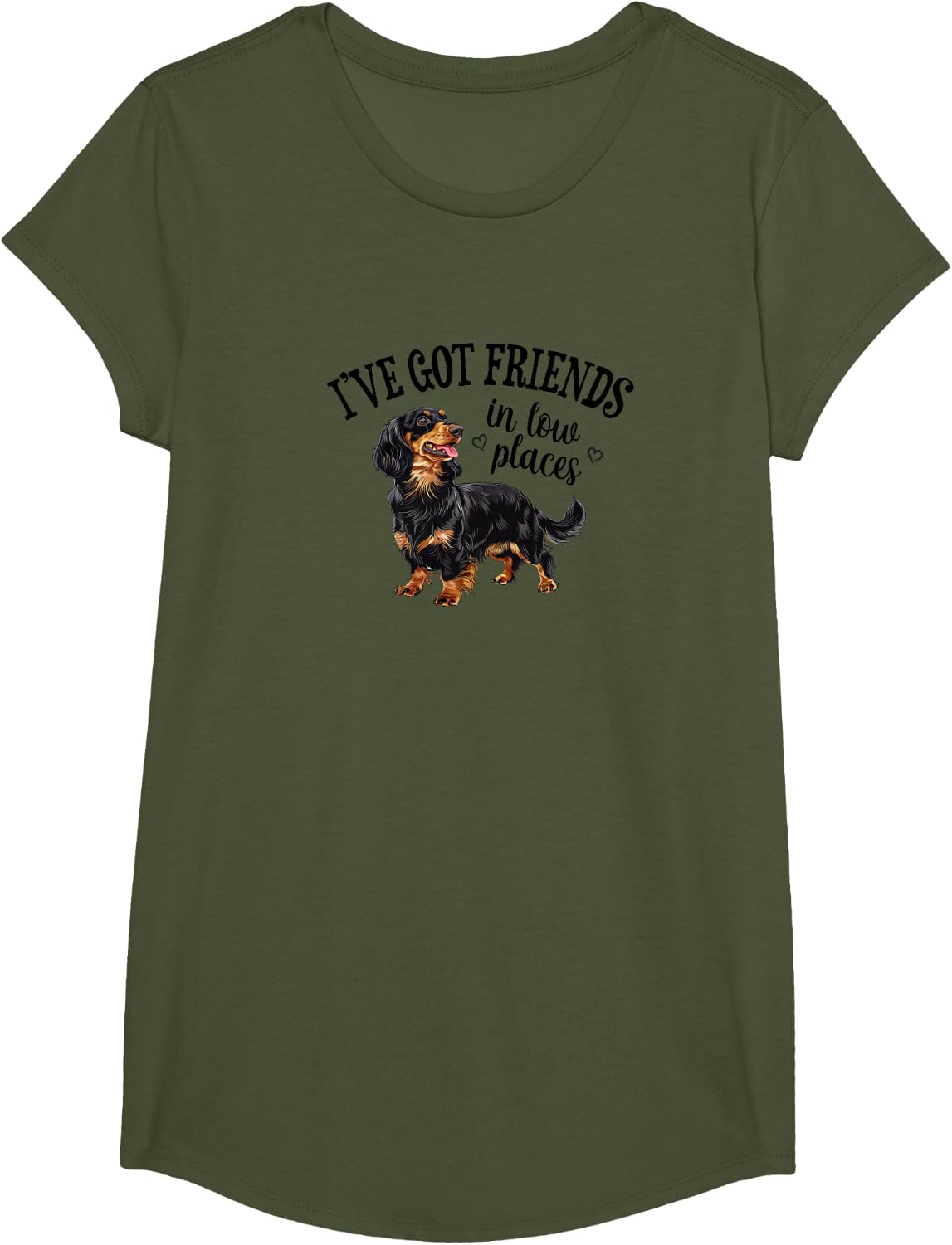 Funny Friends Low Places Black Long Haired Dachshund Lover T-Shirt - Girls Olive Green