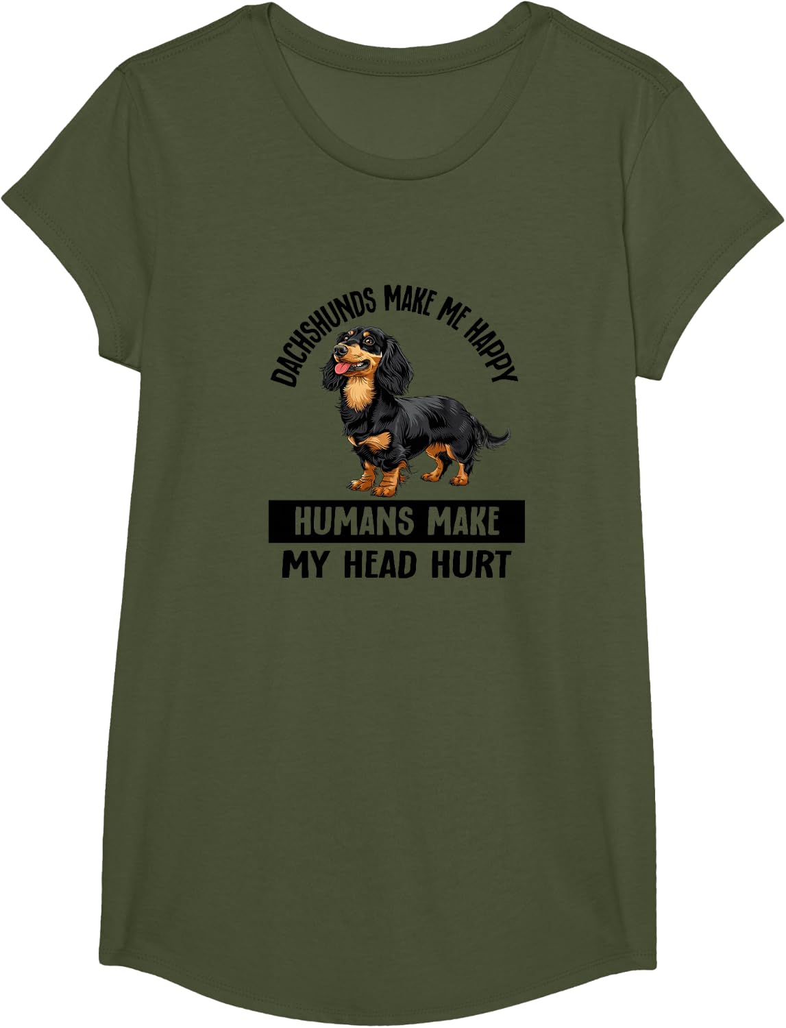 Funny Happy Black Long Haired Dachshund Lover Tee T-Shirt For Men And Women - Girls Olive Green