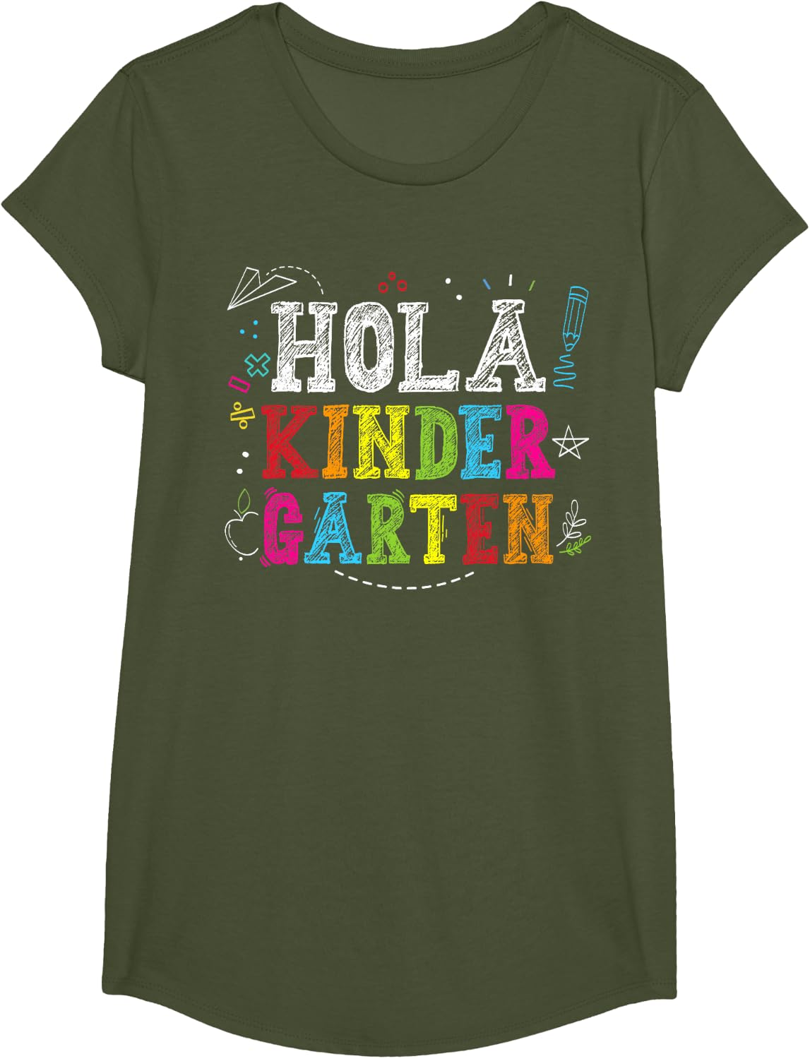Hola Kindergarten Spanish Teacher Back to School Students T-Shirt - Girls Olive Green