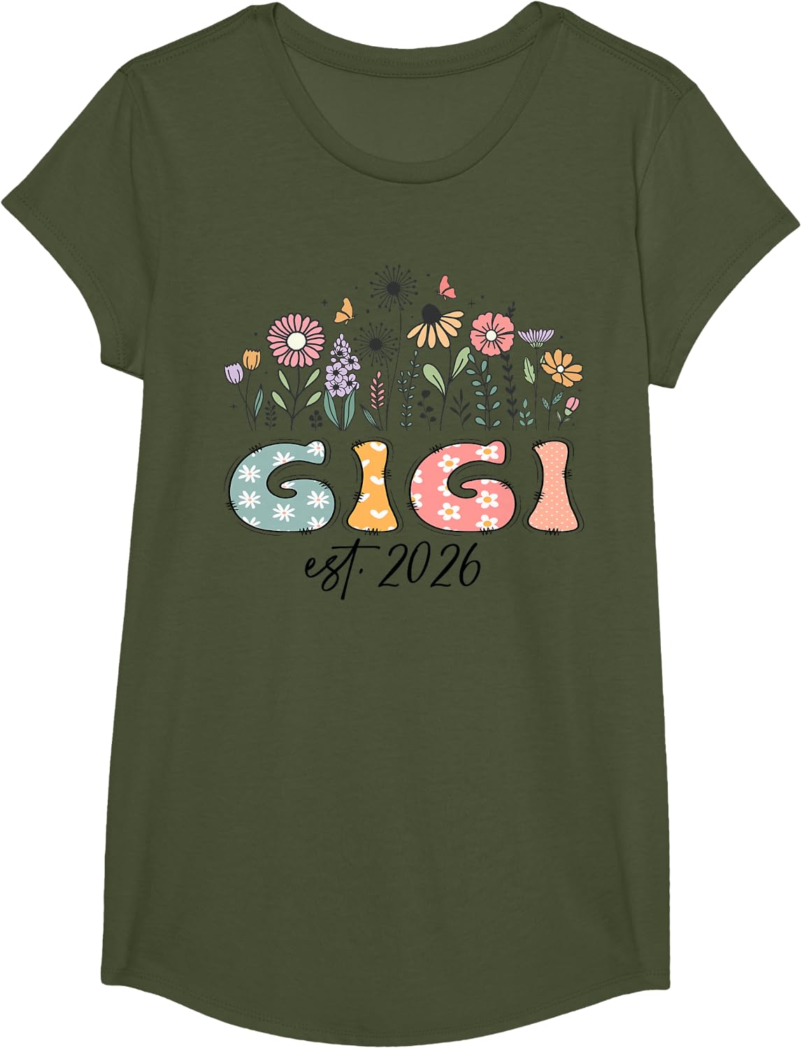 Promoted to Gigi Est. 2026 Wildflower Family Matching T-Shirt - Girls Olive Green