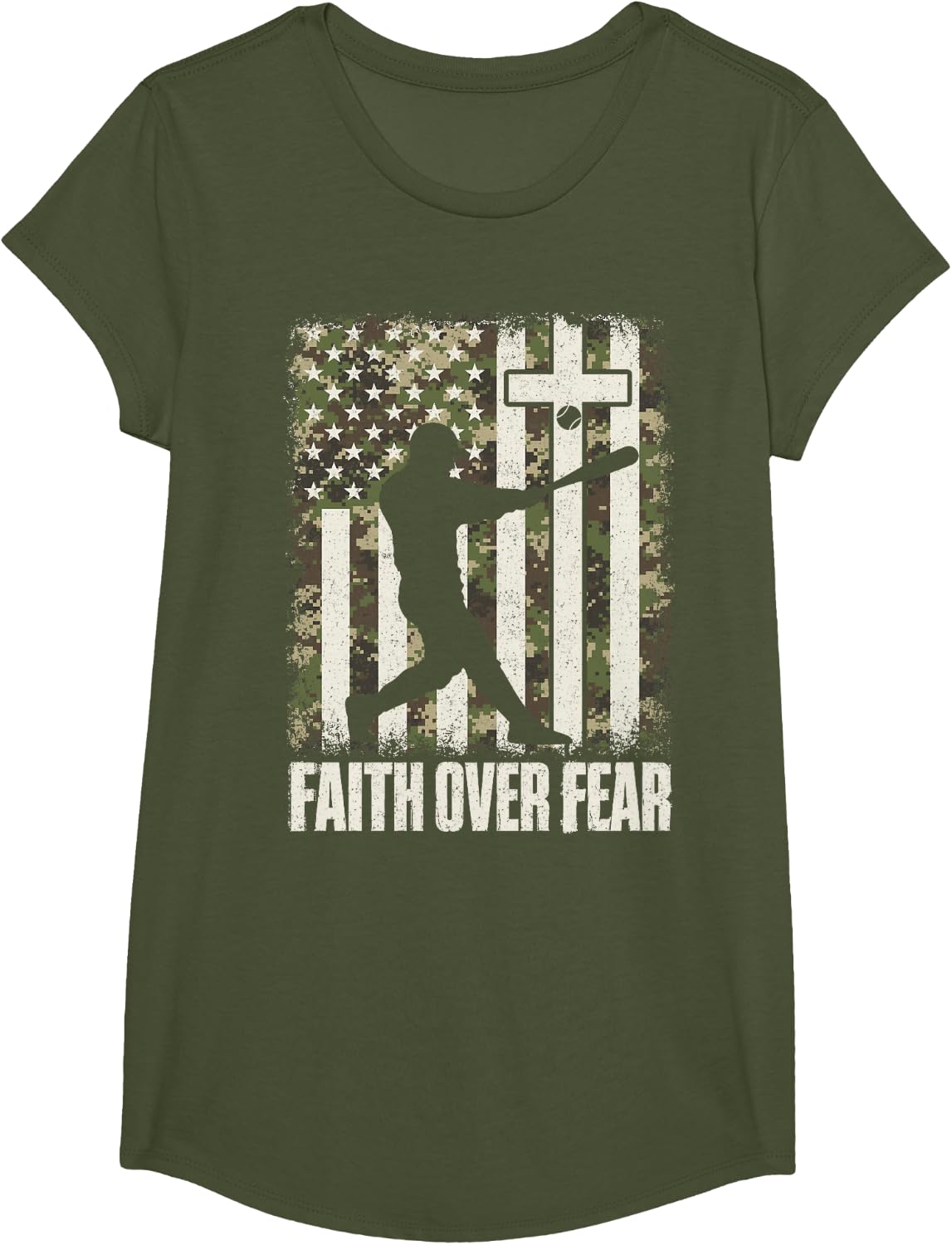 Christian Baseball Faith Over Fear Bible Verse Camo USA Flag T-Shirt - Girls Olive Green