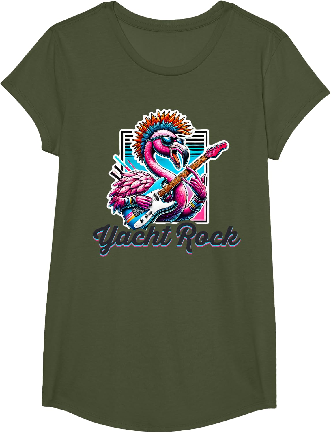 Yacht Rock Flamingo Retro Style T-Shirt, 70s 80s Soft Rock Tees For Men Women - Girls Olive Green