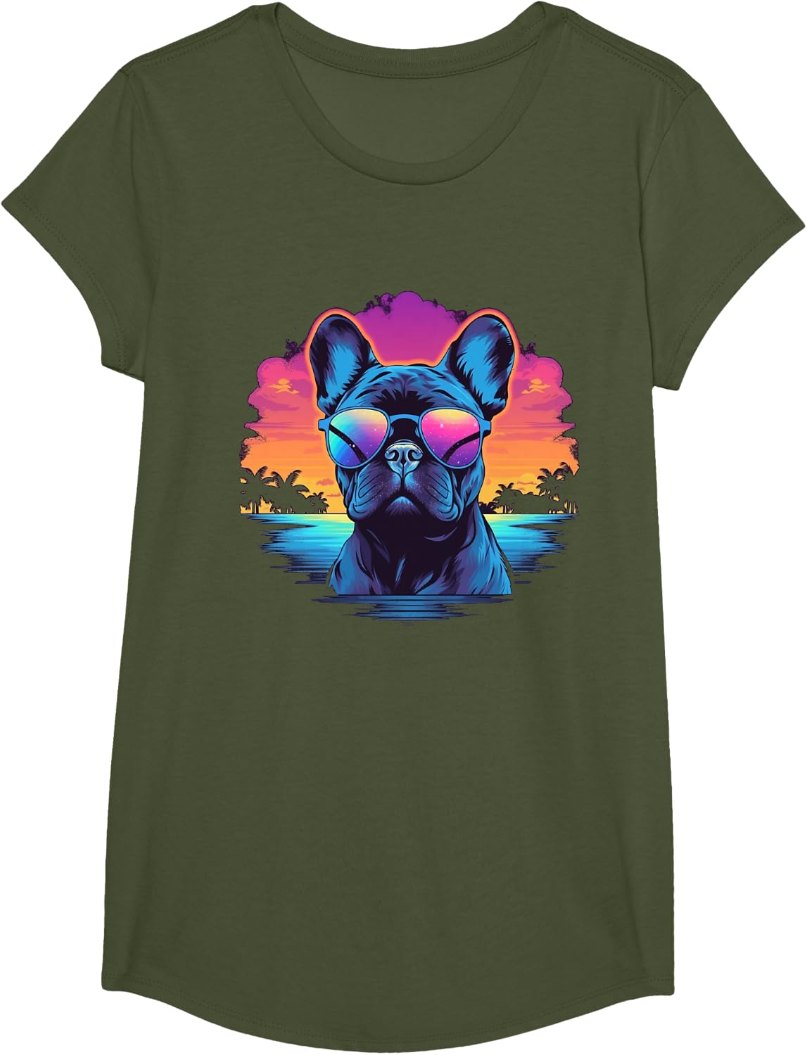 French Bulldog Dog Men Women Kids T-Shirt - Girls Olive Green