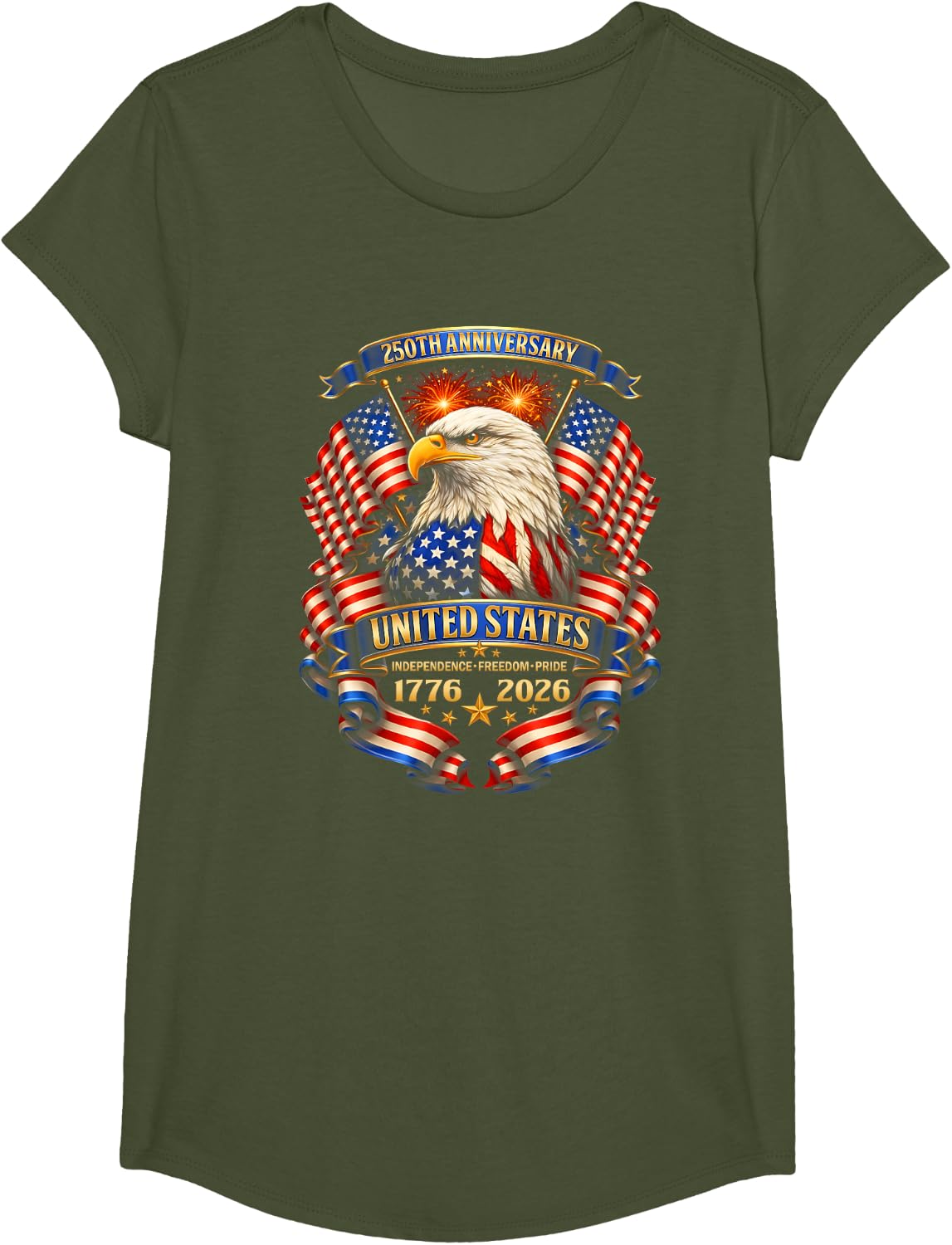USA Independence 250th Anniversary 1776 2026 Patriotic Eagle T-Shirt - Girls Olive Green