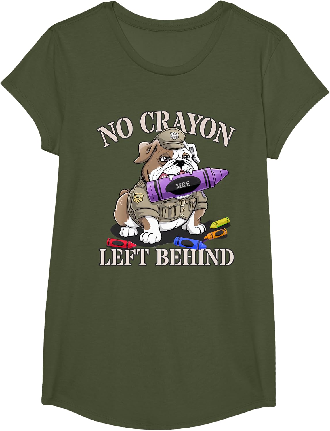 Funny No Crayon Left Behind Officer Military Corps Eater Gag T-Shirt - Girls Olive Green