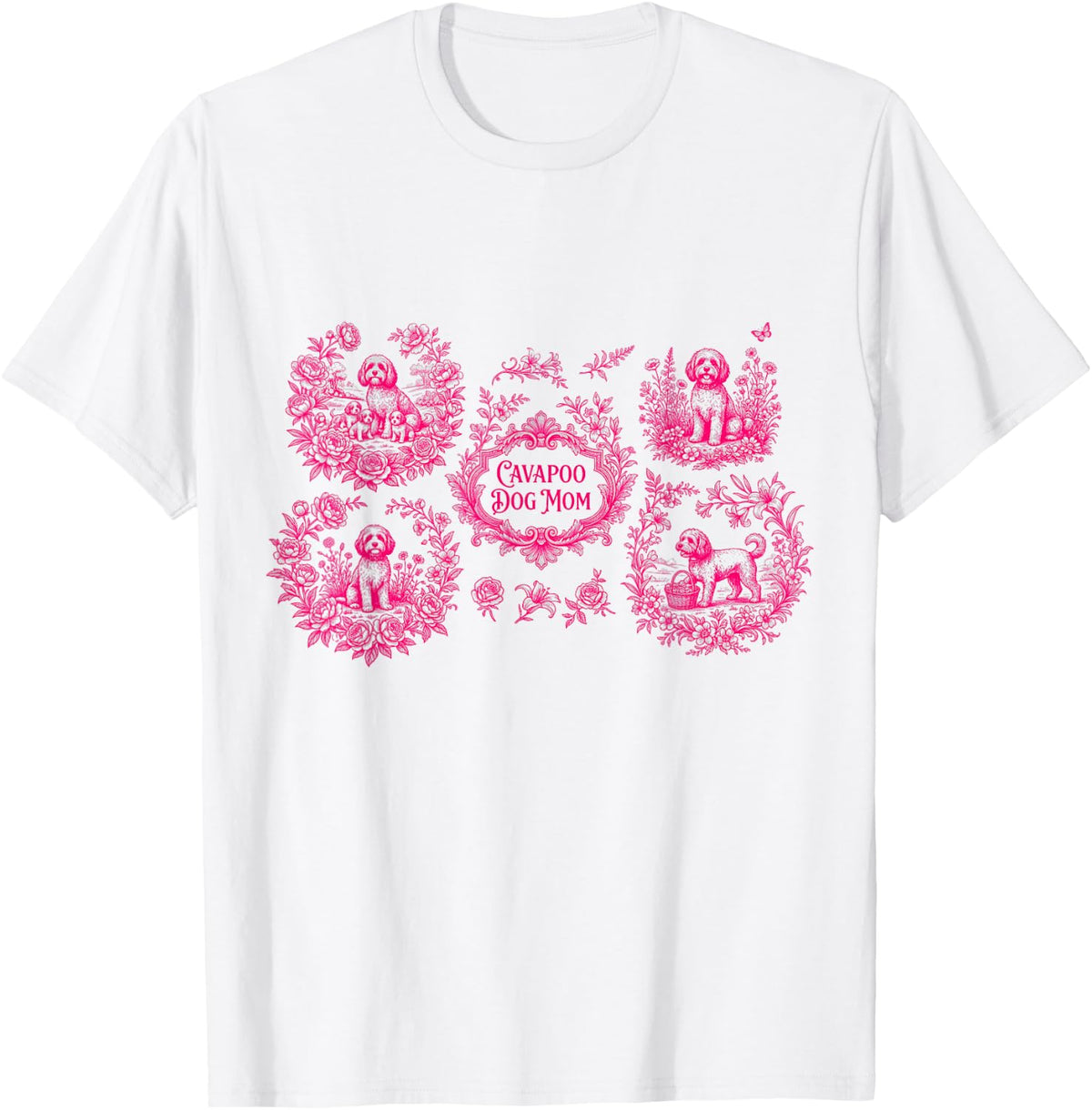 Womens Cavapoo Dog Mom Pink Toile De Jouy Chinoiserie T-Shirt - White