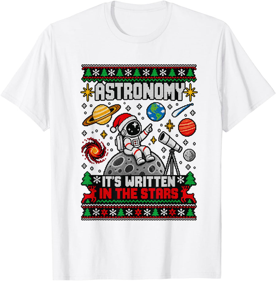 Astronomy Ugly Christmas Sweater Astronaut Moon Telescope T-Shirt - White