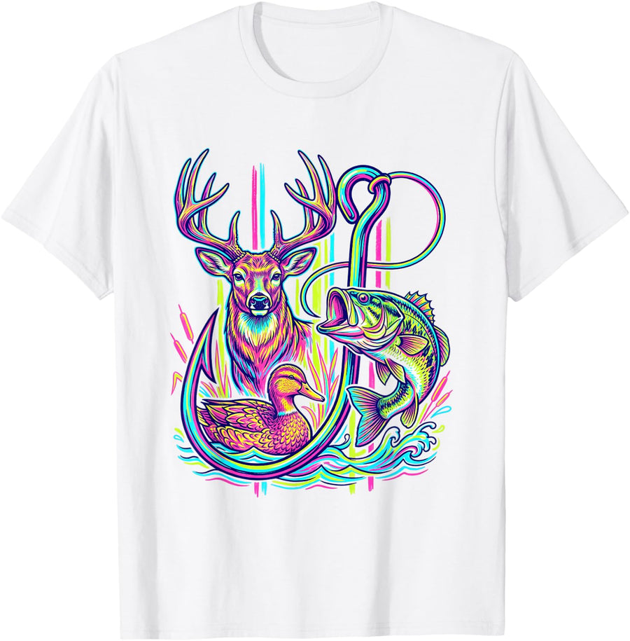 Vibrant Buck Duck Bass Fishing Hook Hunting Outdoors T-Shirt - White