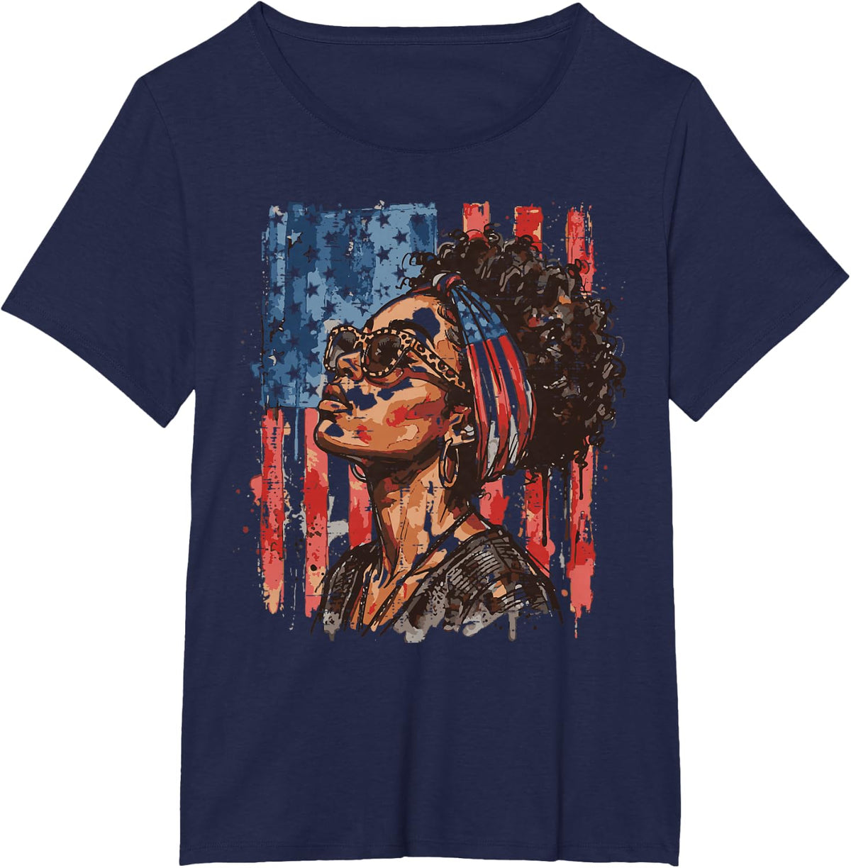 4th of July Afro Woman US Flag Patriotic Women Girls Kids T-Shirt - Navy Blue