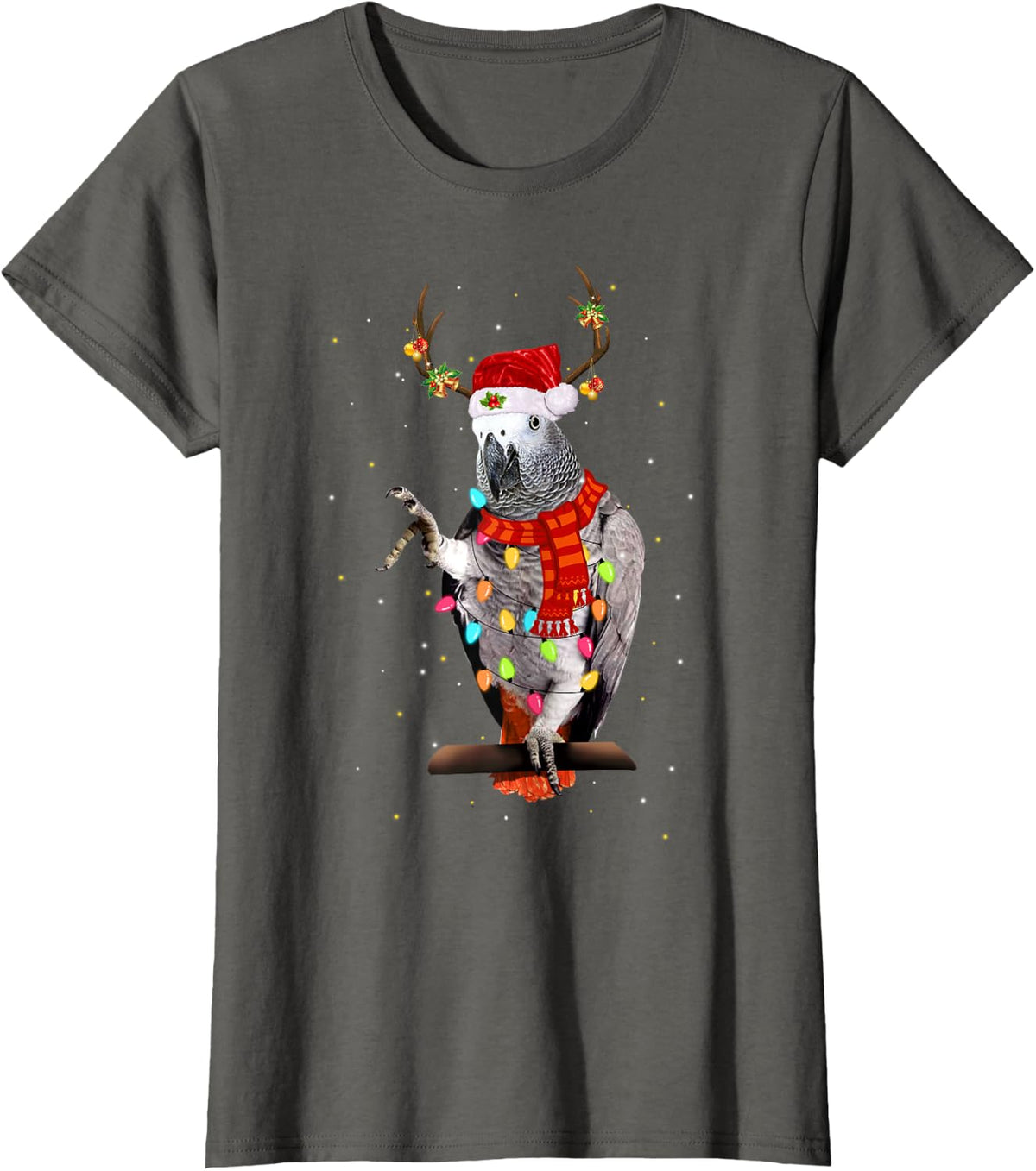 African Grey Parrot Reindeer Christmas Light Funny Gift T-Shirt - Asphalt Grey