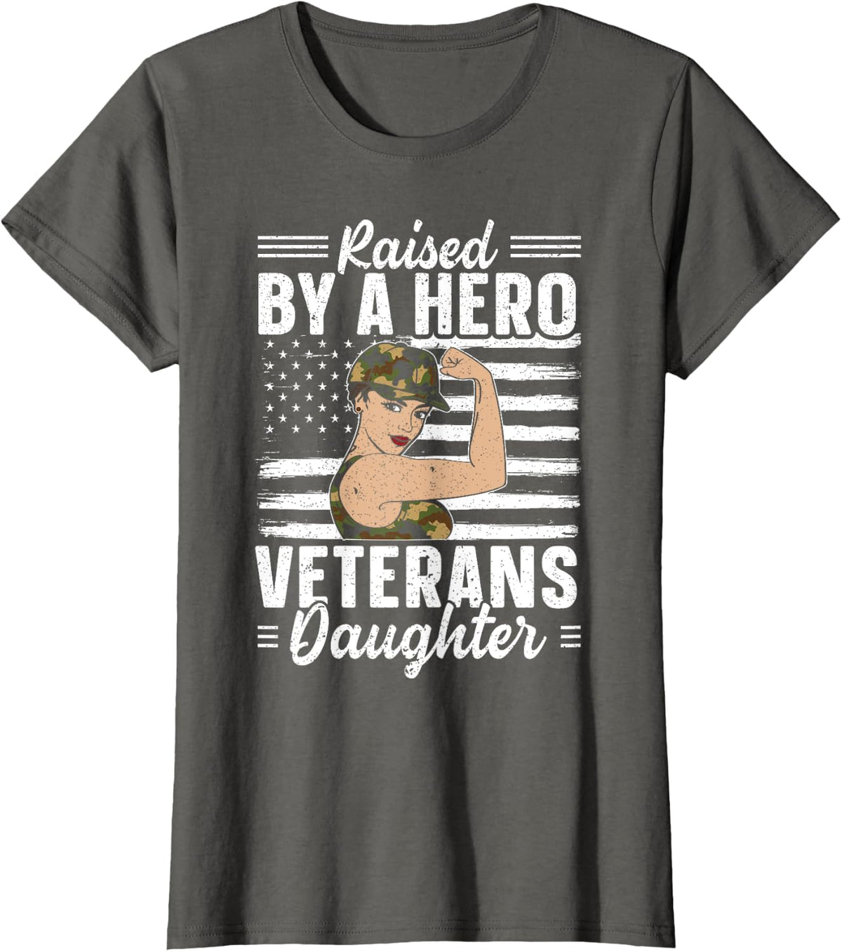 Raised By A Hero Veterans Daughter USA Flag American Soldier T-Shirt for Women - Asphalt Grey
