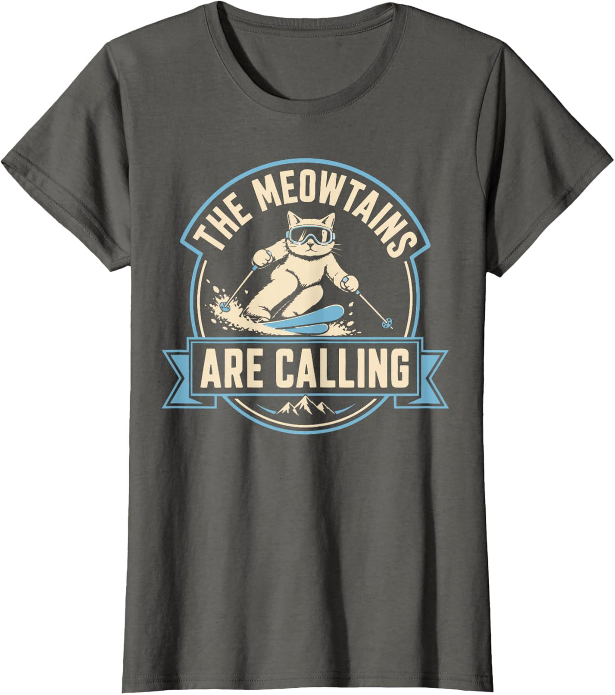 Funny Skiing Cat Mountains Winter Sports Skier T-Shirt - Asphalt Grey