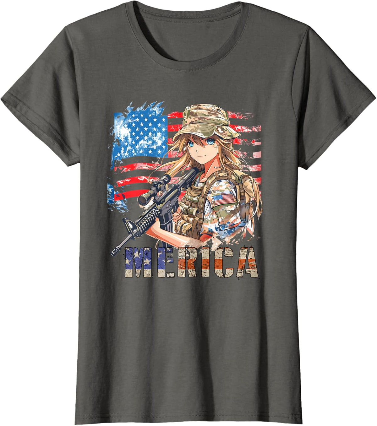 4th Of July Military Anime Girl Patriotic Kid Women US Flag T-Shirt - Asphalt Grey