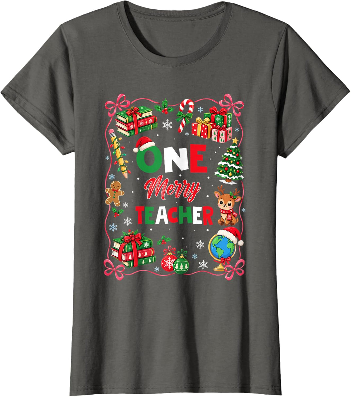 One Merry Teacher Christmas Coquette Bow Xmas Teachers T-Shirt - Asphalt Grey