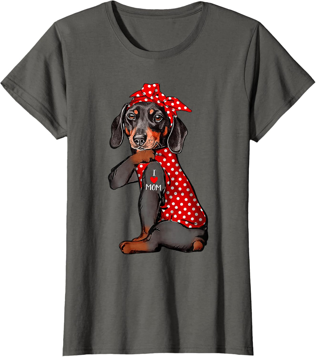 I Love Mom Tattoo Funny Dachshund Dog Wearing Bandana T-Shirt for Men Women Kids - Asphalt Grey
