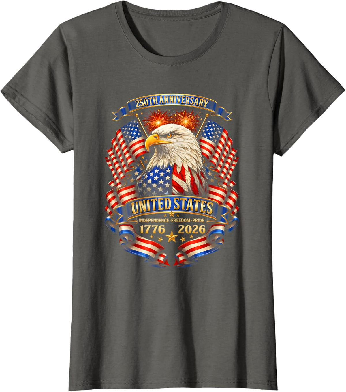USA Independence 250th Anniversary 1776 2026 Patriotic Eagle T-Shirt - Asphalt Grey