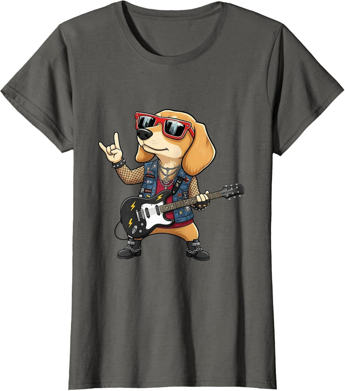 Dachshund Dog Playing Bass Guitar Guitarist Rocker Pose Cool T-Shirt - Asphalt Grey
