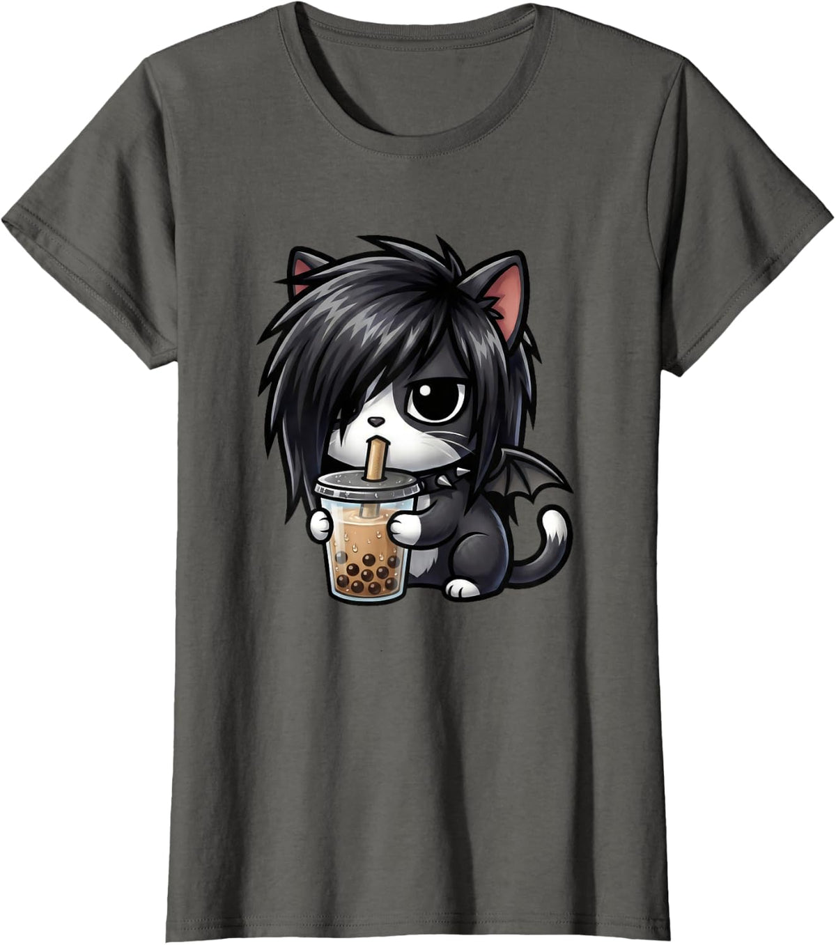 Emo Gothic Cat Drinking Boba Bubble Tea Goth Kitty T-Shirt - Asphalt Grey