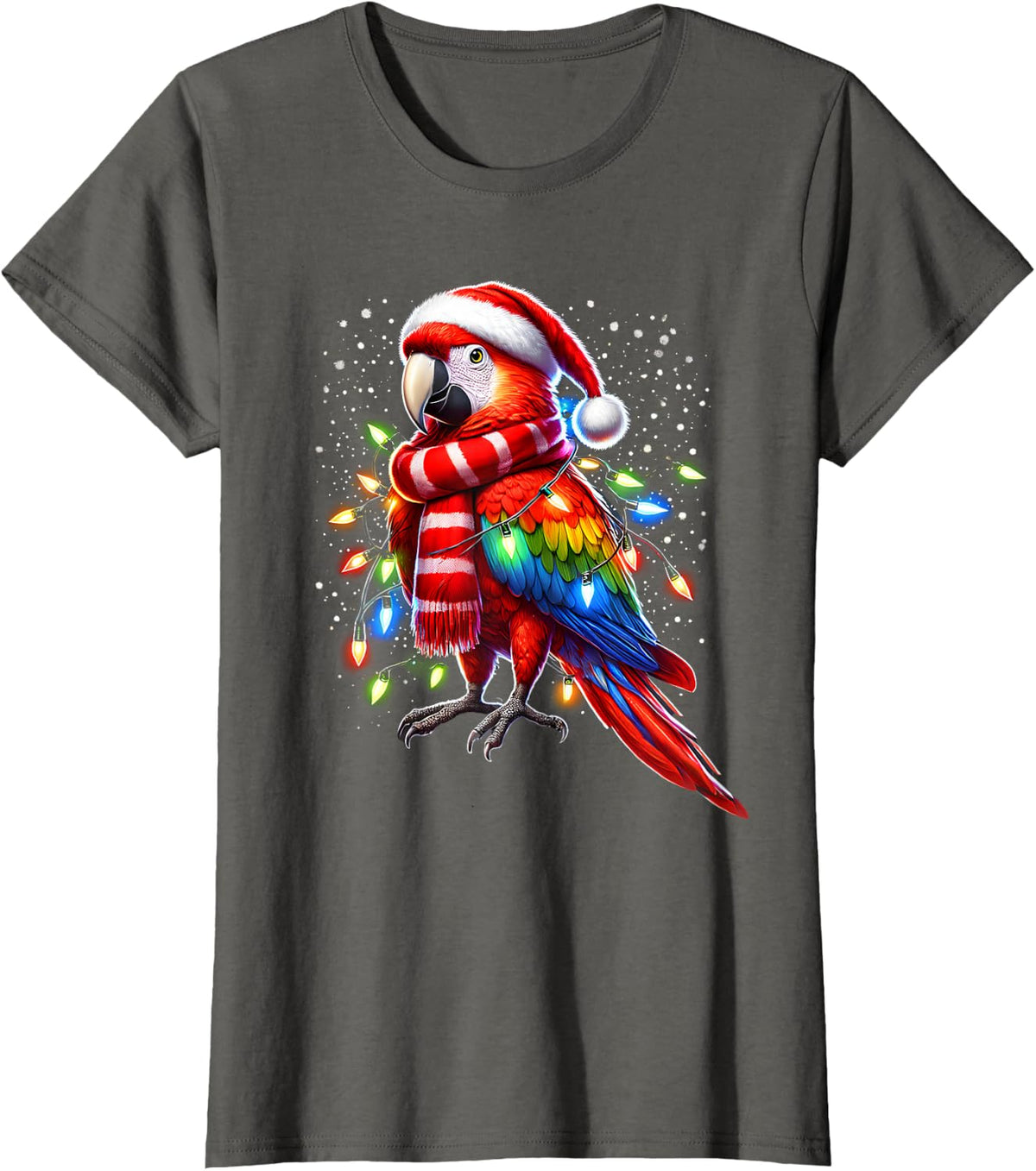 Funny Scarlet Macaw Christmas Tree Lights Xmas Parrot Lover T-Shirt - Asphalt Grey
