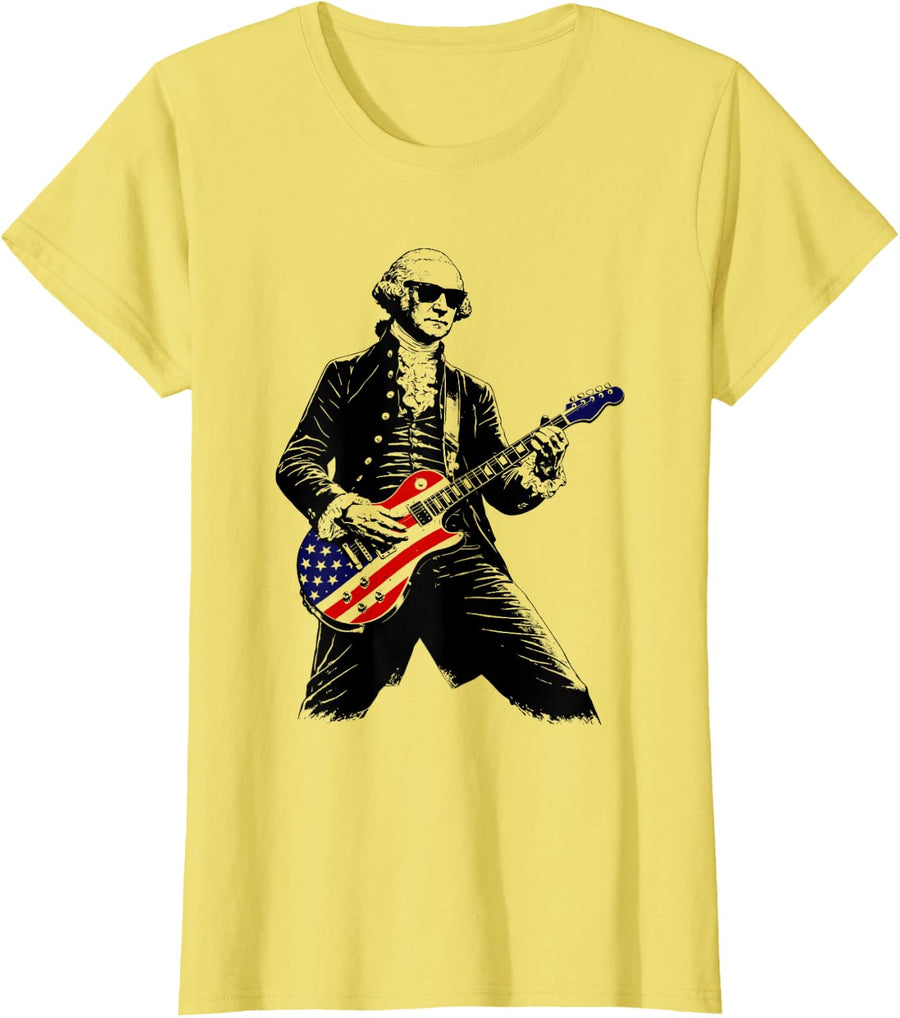George Washington Playing Electric Guitar 4th of July T-Shirt - Lemon Yellow