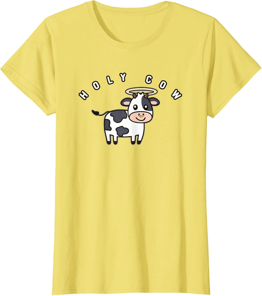 Funny Holy Cow Cute Farm Cow With Halo Animal Lover T-Shirt - Lemon Yellow