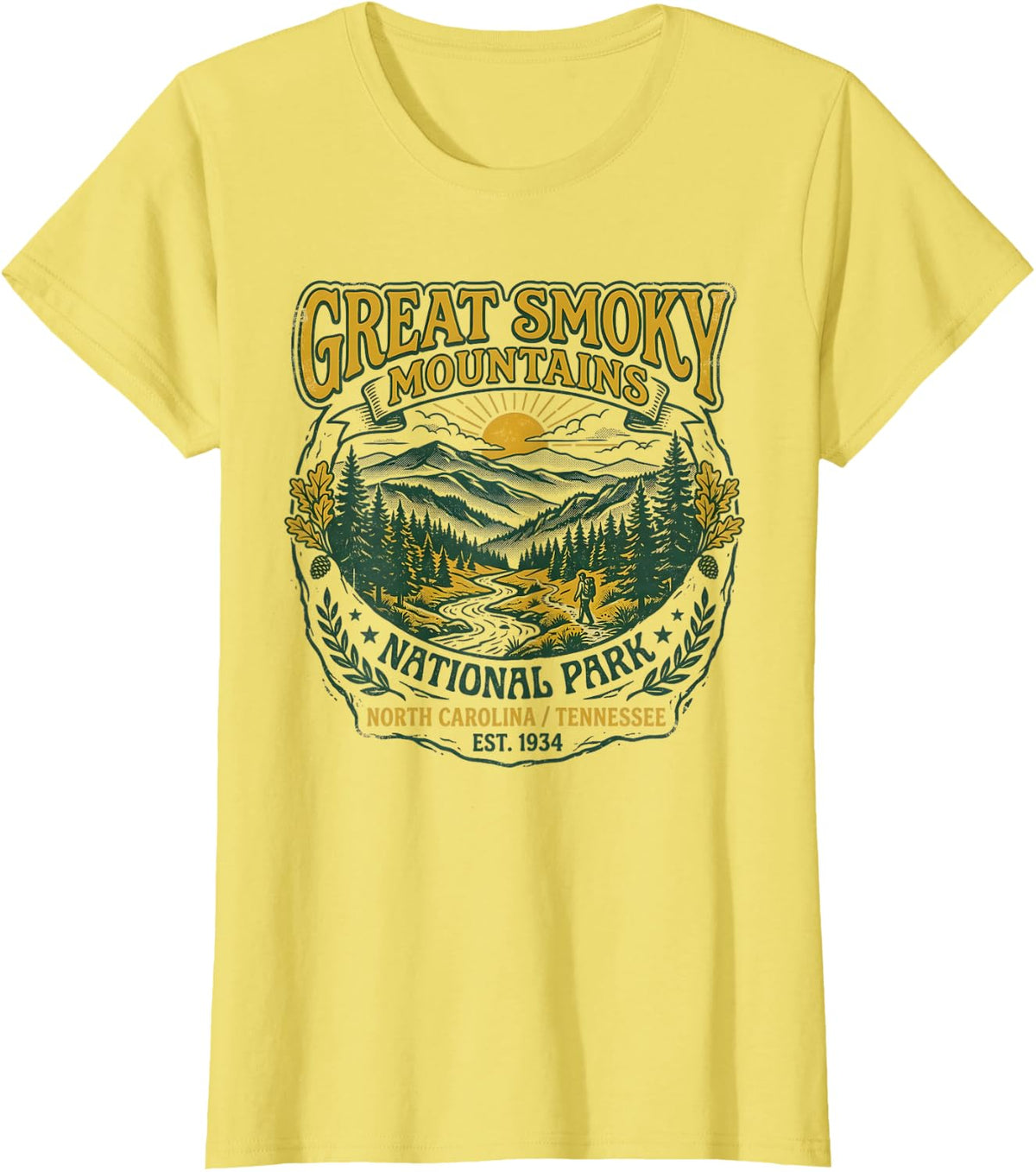 Great Smoky Mountains Retro National Park Hiking Trekking T-Shirt - Lemon Yellow