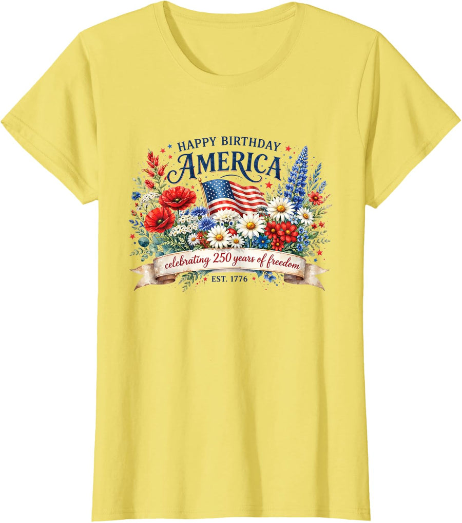 4th of July Happy Birthday America Celebrating 250 Years T-Shirt - Lemon Yellow