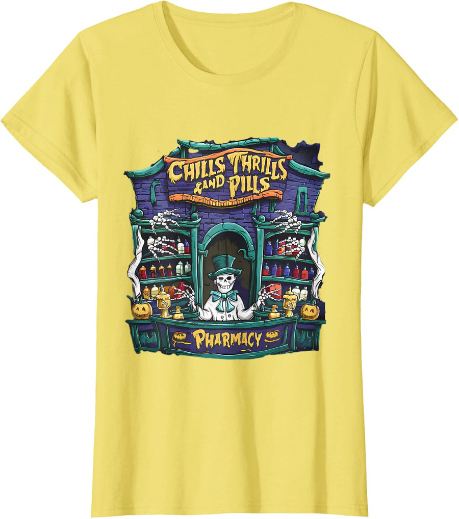 Pharmacy Halloween Pharmacist Chills Thrills and Pills T-Shirt - Lemon Yellow