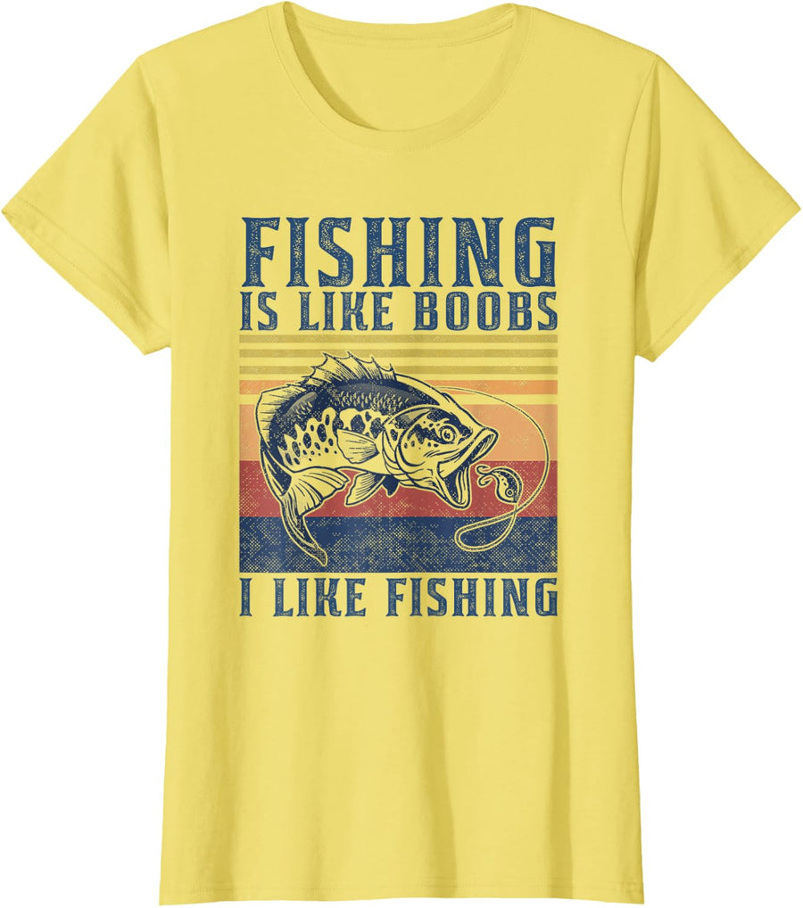 Retro Fishing Is Like Boobs I Like Fishing Fisherman T-Shirt - Lemon Yellow