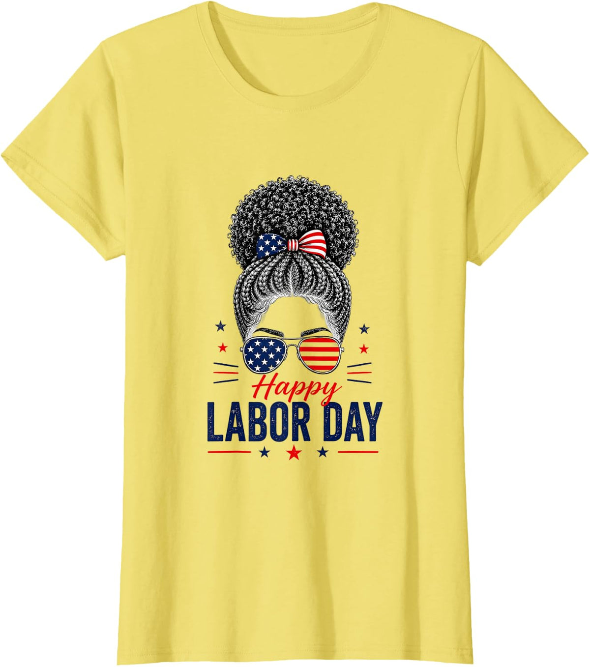 Happy Labor Day | Black Woman Curly Messy Bun T-Shirt - Lemon Yellow