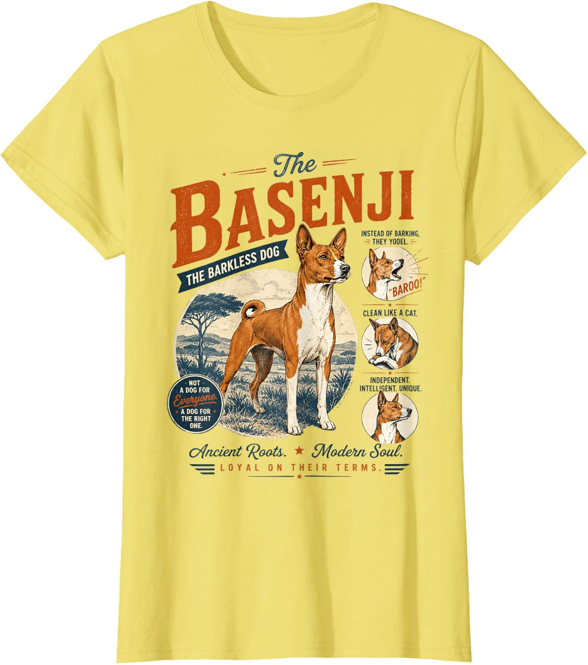 Vintage Basenji The Barkless Dog Retro Yodel Pet Lover T-Shirt - Lemon Yellow